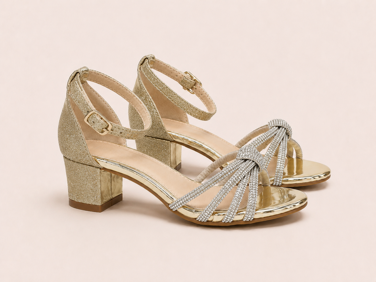 Aria Diamante Gold Block Heel Sandals