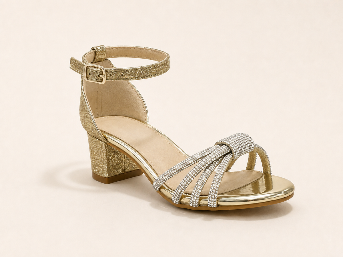 Aria Diamante Gold Block Heel Sandals