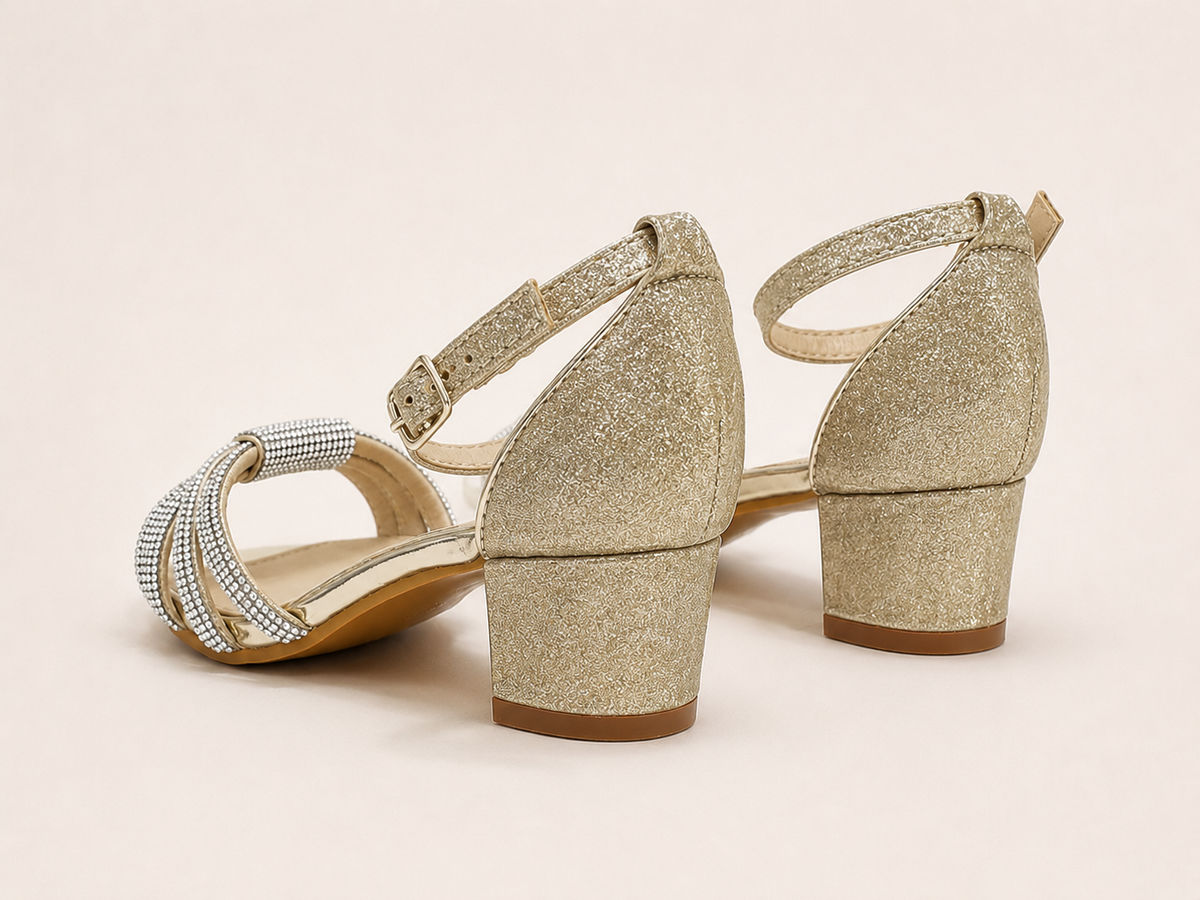 Aria Diamante Gold Block Heel Sandals