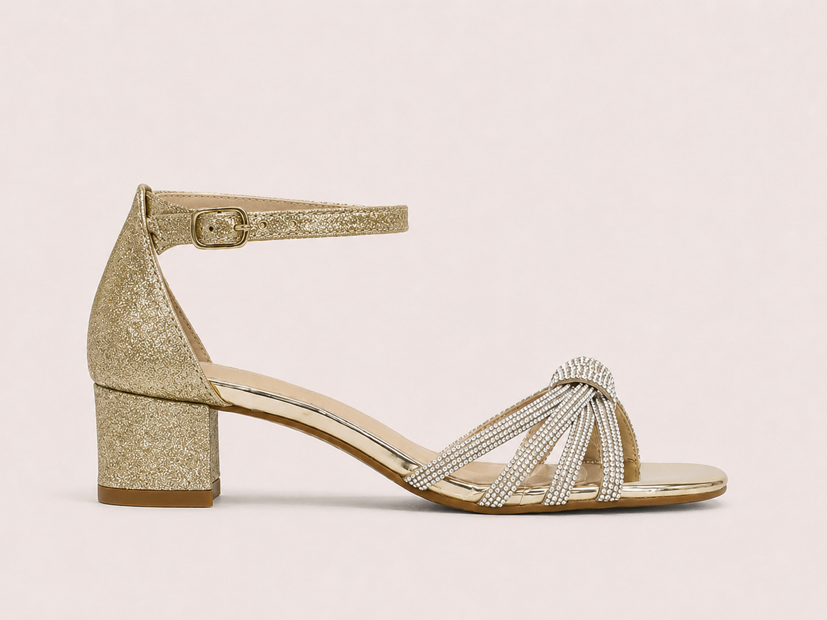 Aria Diamante Gold Block Heel Sandals