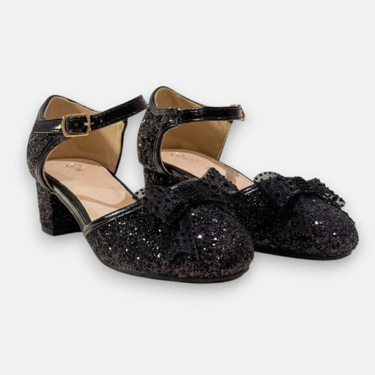 Sparkle Like Me BELLA Black girls glitter heels with diamante bow UK
