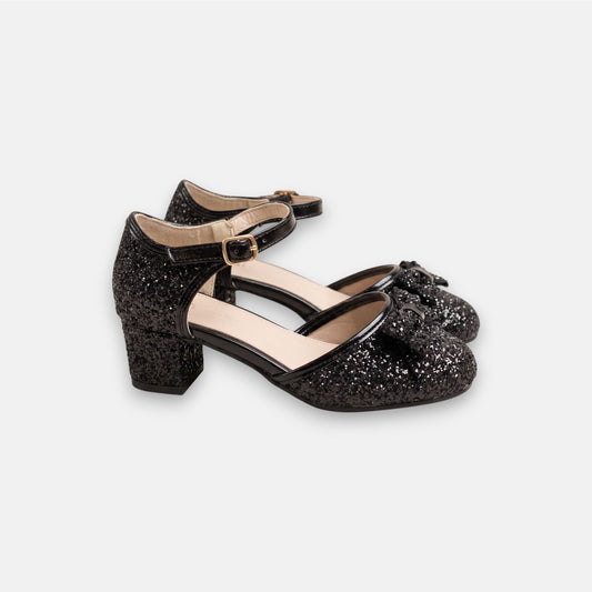 Girls black sparkly block heel shoes diamante bow Sparkle Like Me UK