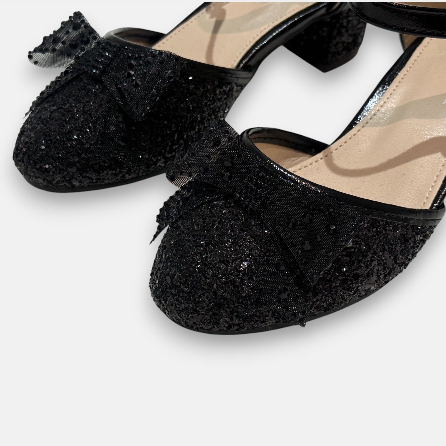 Girls diamante bow black glitter heels Sparkle Like Me UK