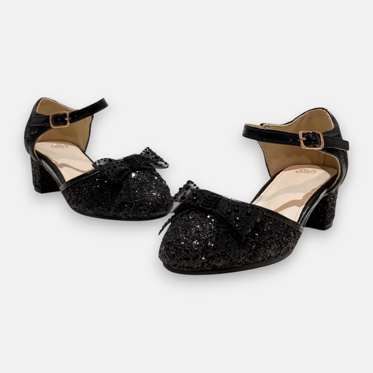 Children's black glitter occasion heels ankle strap Sparkle Like Me UK