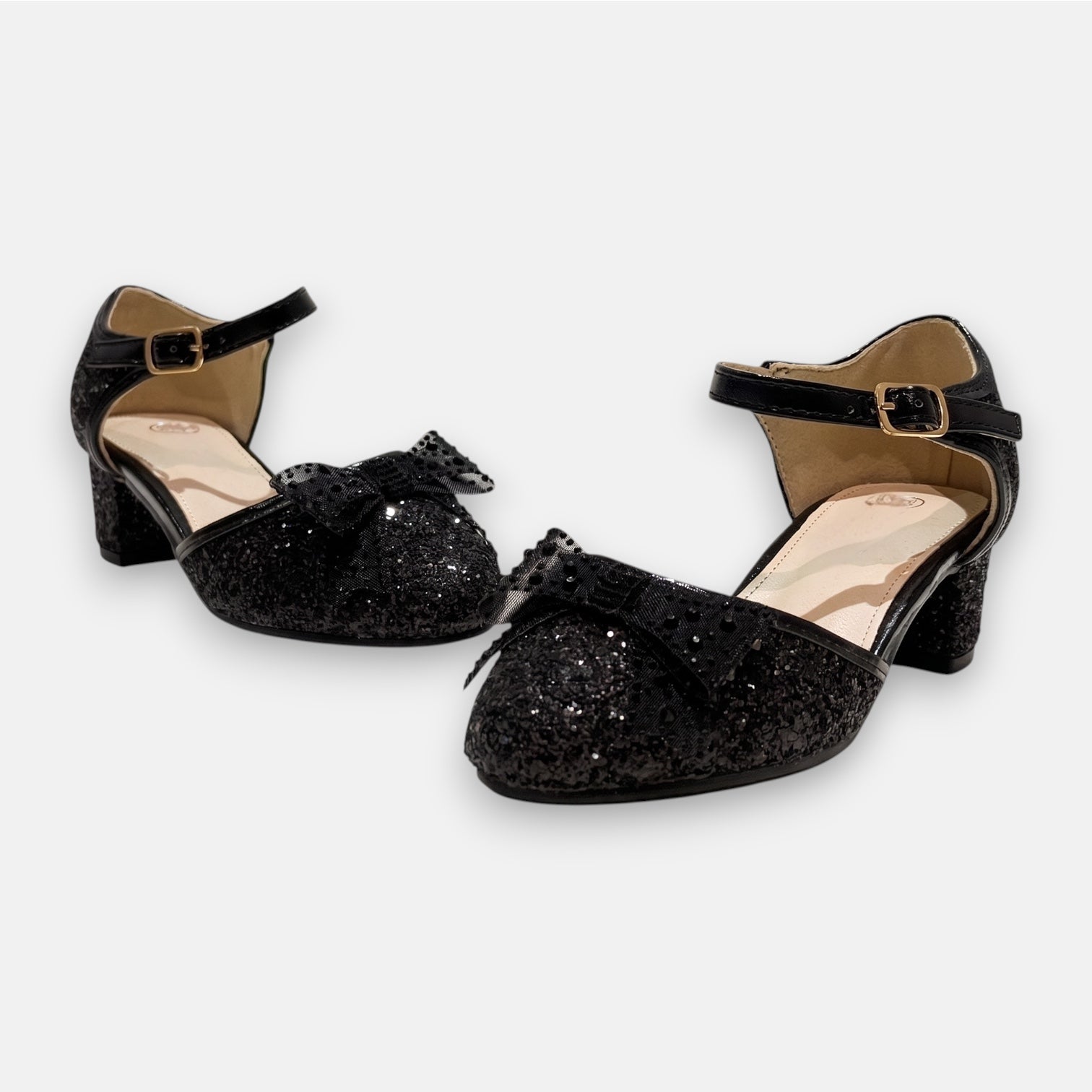 Children's black glitter occasion heels ankle strap Sparkle Like Me UK