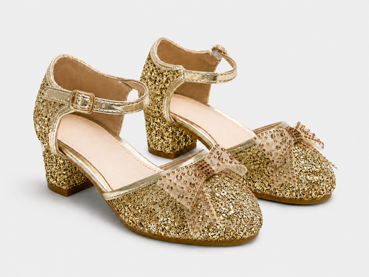 front view of Bella gold glitter shoes