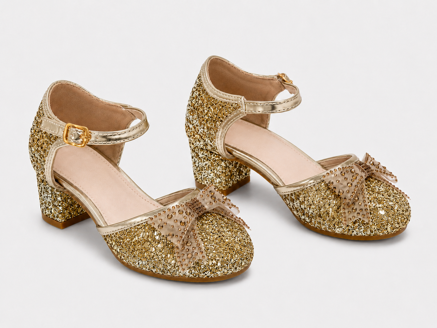 front view of both Bella gold glitter heels 