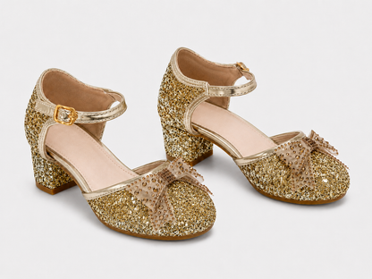 front view of both Bella gold glitter heels 