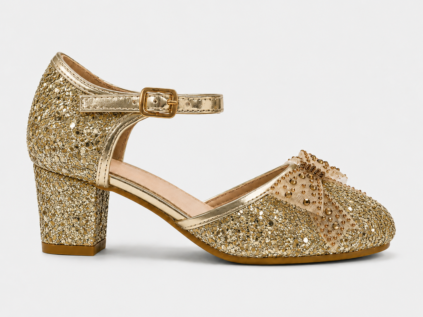 side view of Bella gold glitter heels 