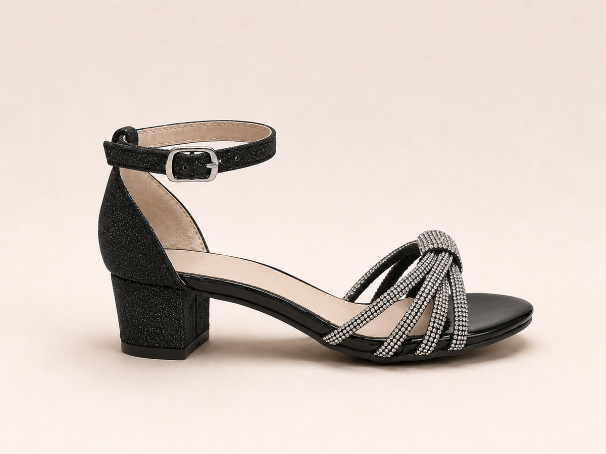 Aria Diamante Black Block Heel Sandals