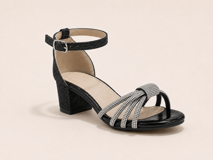 Aria Diamante Black Block Heel Sandals