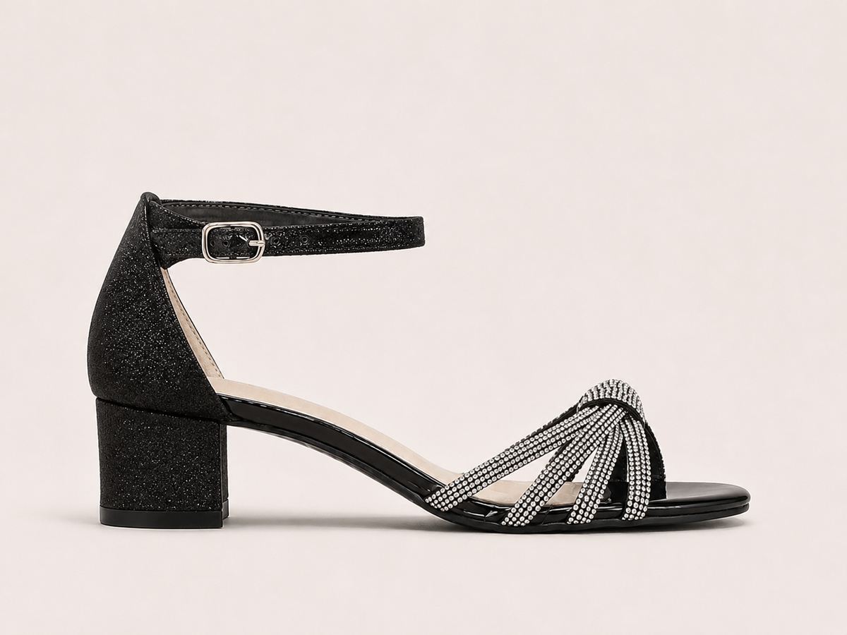 Aria Diamante Black Block Heel Sandals