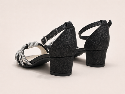 Aria Diamante Black Block Heel Sandals