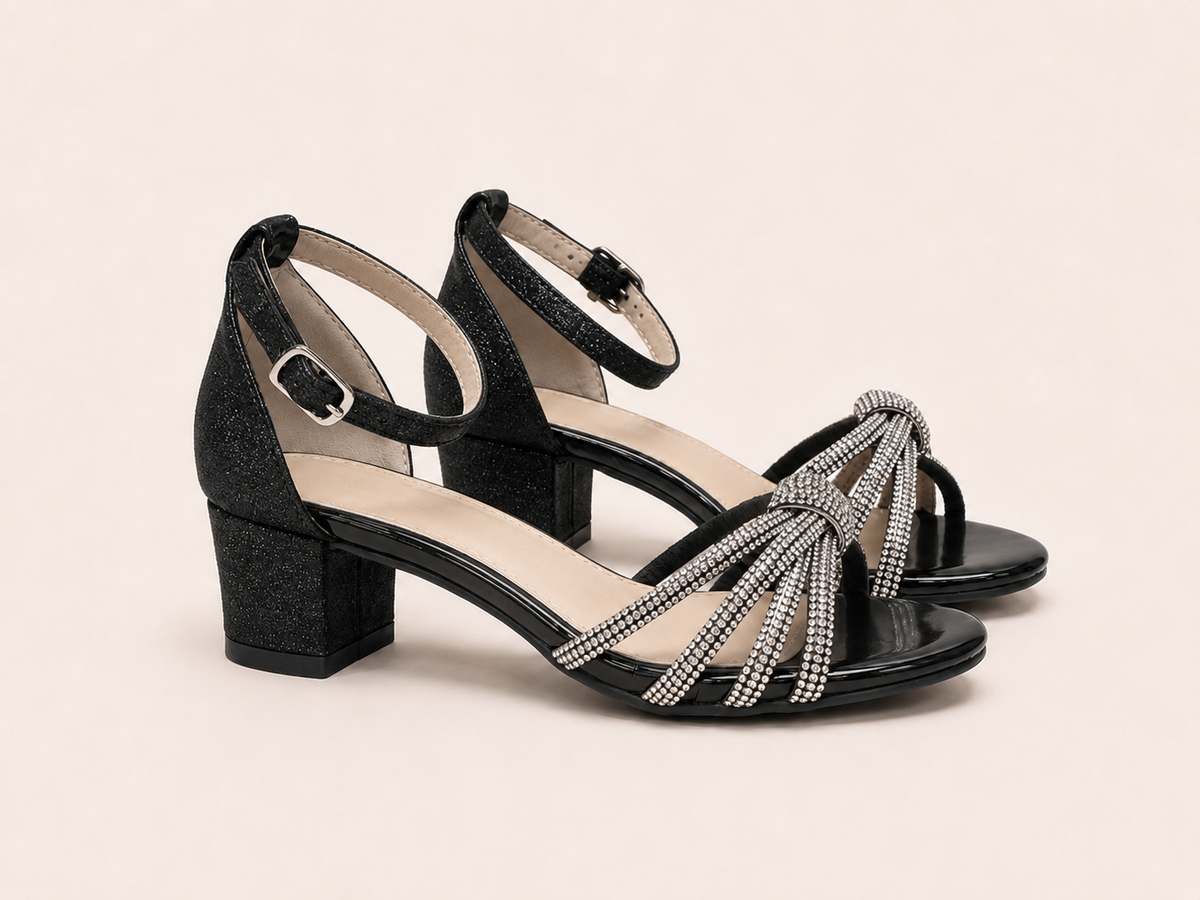Aria Diamante Black Block Heel Sandals