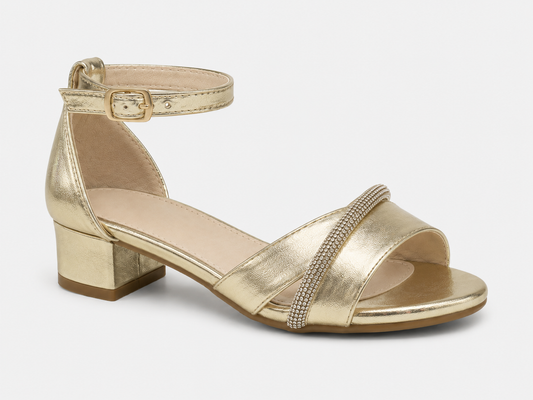 A metallic gold heeled sandal with an ankle strap and a rhinestone-embellished toe strap, shown from a side profile on a light gray background.