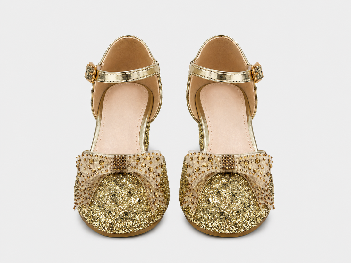 a front straight view of Bella gold shoes