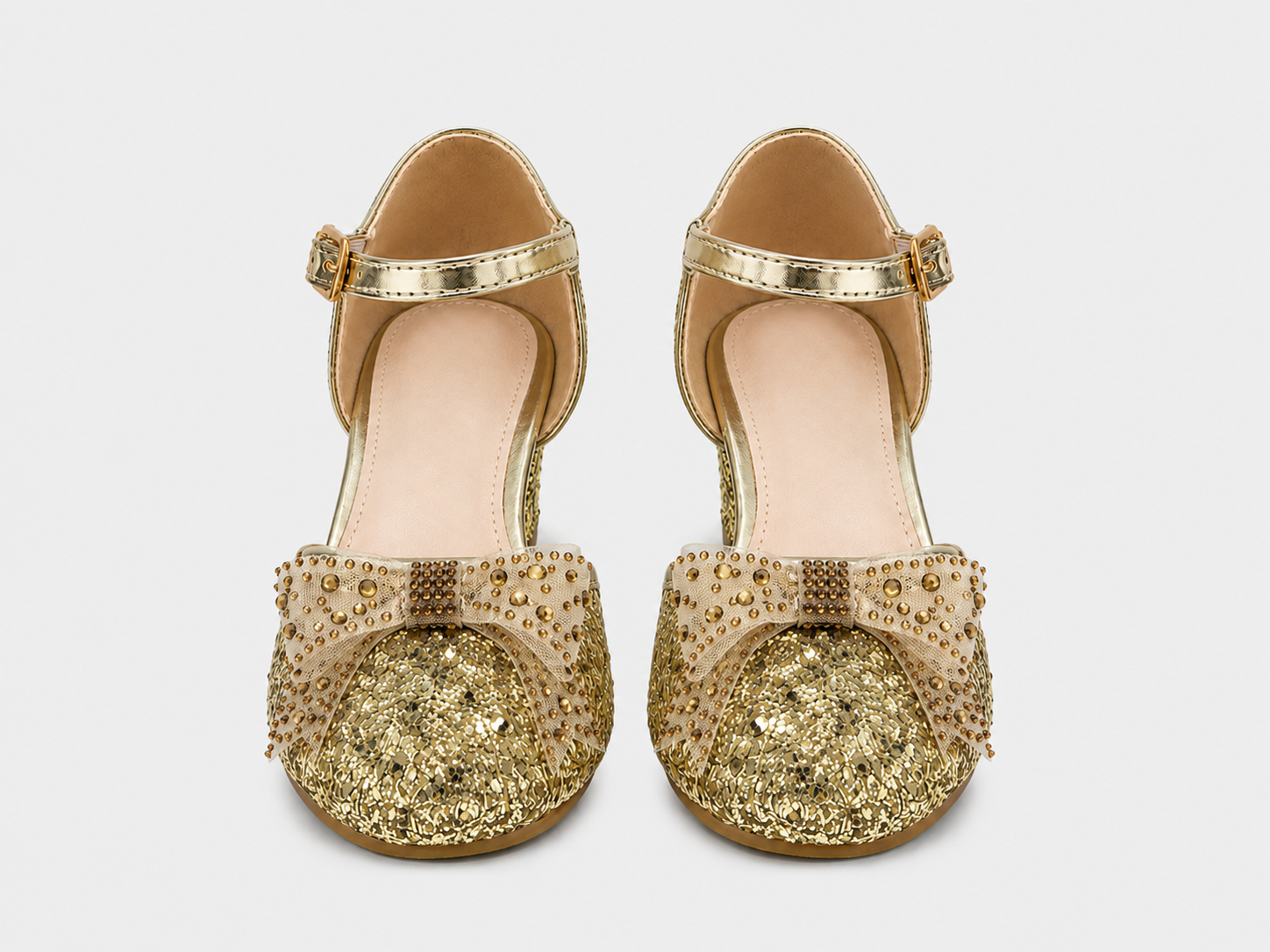 a front straight view of Bella gold shoes