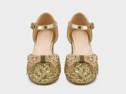 a front straight view of Bella gold shoes